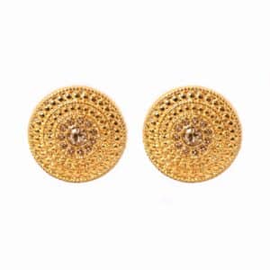Brinco Disco Médio dourado com cristal champanhe claro central e mini cristais, Leide Viero